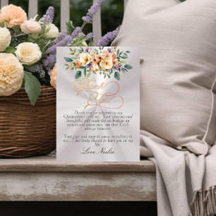 Pearl - Floral & Gold Tiara Quinceanera Thank You Card