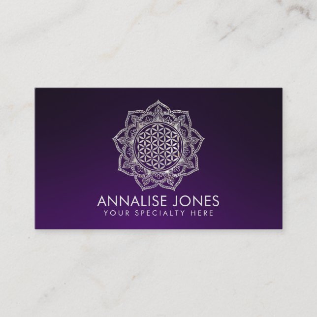 Pearl Flower of Life in Lotus mandala on purple Business Card (Front)