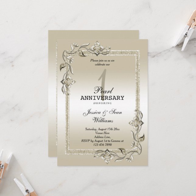 Pearl Gem & Glitter 1st Wedding Anniversary   Invitation (Front/Back In Situ)