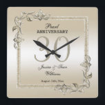 Pearl Gem & Glitter 30th Wedding Anniversary   Square Wall Clock<br><div class="desc">Glamorous and elegant posh 30th Pearl Wedding Anniversary wall clock with stylish pearl gem stone jewels corner decorations and matching colored glitter border frame. A romantic design for your celebration. All text, font and font color is fully customizable to meet your requirements. If you would like help to customize your...</div>