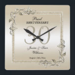 Pearl Gem & Glitter 30th Wedding Anniversary   Square Wall Clock<br><div class="desc">Glamorous and elegant posh 30th Pearl Wedding Anniversary wall clock with stylish pearl gem stone jewels corner decorations and matching colored glitter border frame. A romantic design for your celebration. All text, font and font color is fully customizable to meet your requirements. If you would like help to customize your...</div>