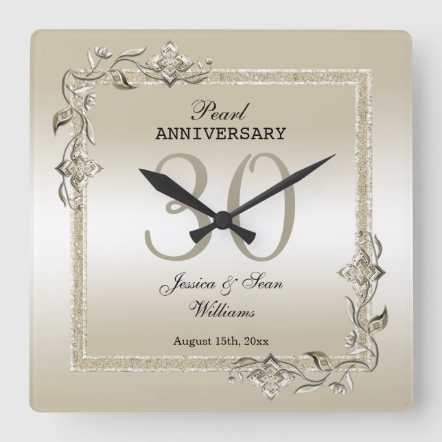 Pearl Gem & Glitter 30th Wedding Anniversary   Square Wall Clock (Front)