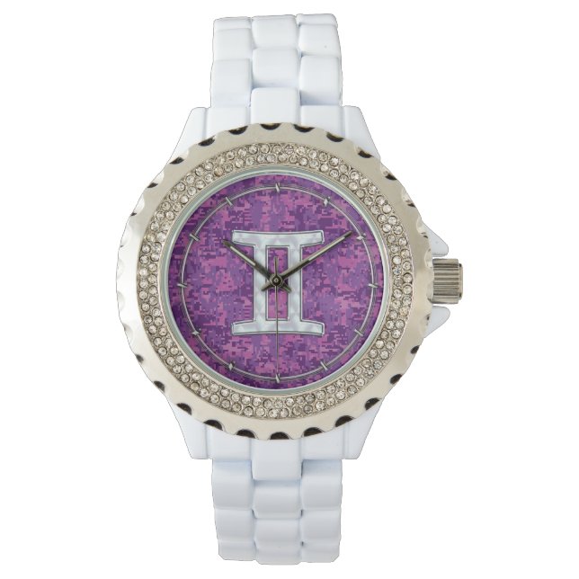 Pearl Gemini Zodiac Symbol on Digital Camouflage Watch (Front)