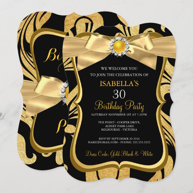 Pearl Gold Bow Black Damask Birthday Invite (Front/Back)