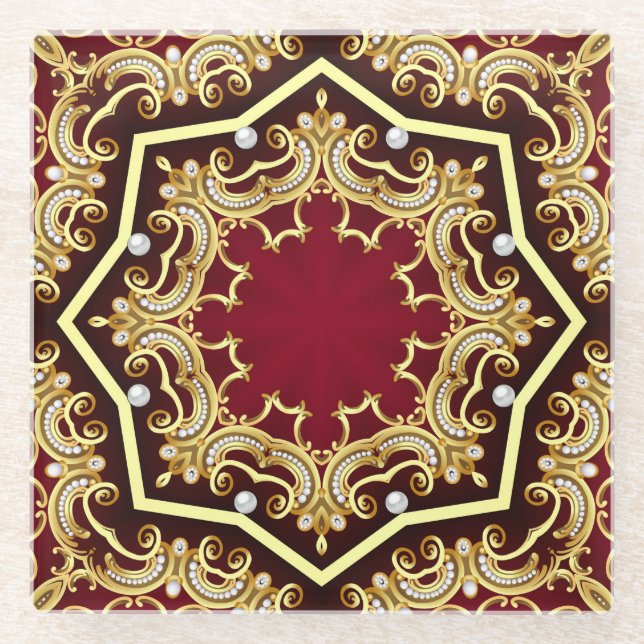 Pearl Gold Frame Illustration Background Glass Coaster (Front)