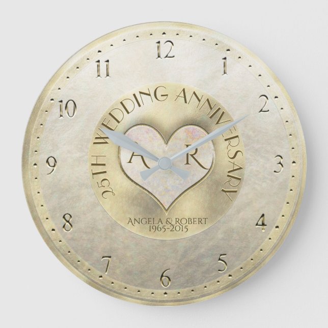 Pearl Gold Heart Monogram Wedding Anniversary Large Clock (Front)