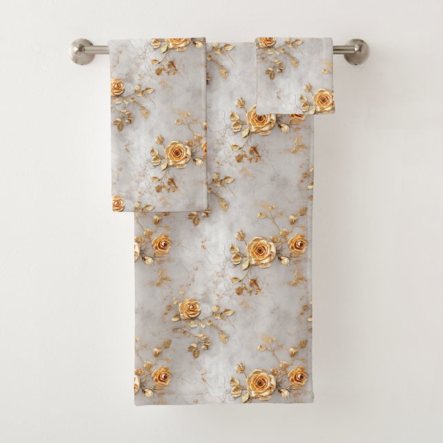 Pearl Gold Roses Floral Bath Towel Set (Insitu)