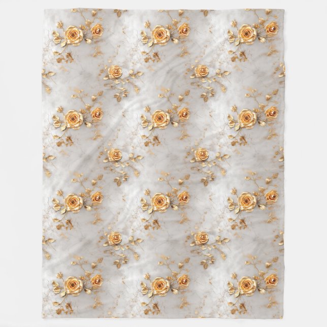 Pearl Gold Roses Floral Fleece Blanket (Front)