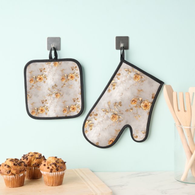 Pearl Gold Roses Floral Oven Mitt & Pot Holder Set (Insitu(Hanging))