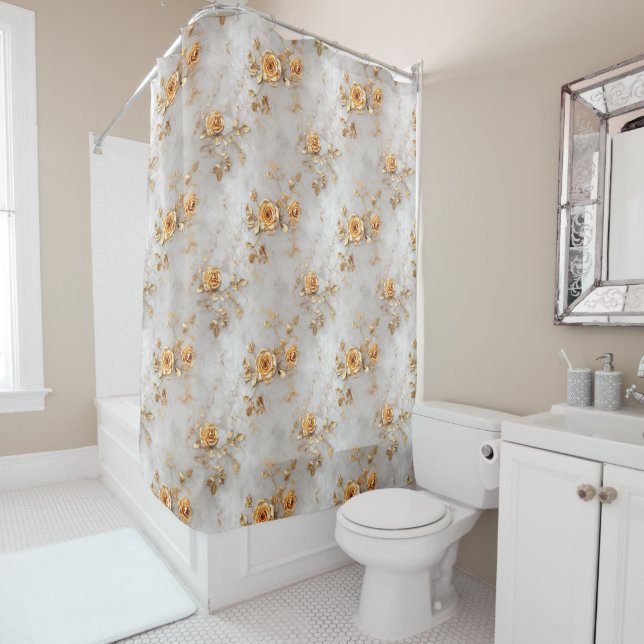Pearl Gold Roses Floral Shower Curtain (In Situ)
