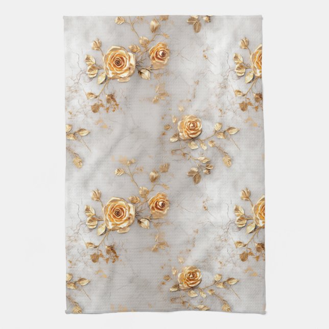 Pearl Gold Roses Floral Tea Towel (Vertical)