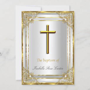 Pearl Gold White Cross Baptism/Christening Invitation