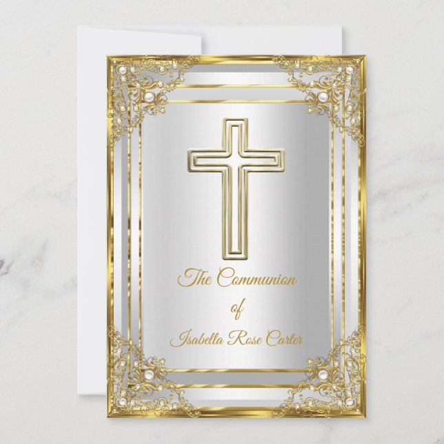 Pearl Gold White Cross Holy communion Invitation (Front)