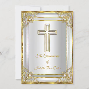 Pearl Gold White Cross Holy communion Invitation