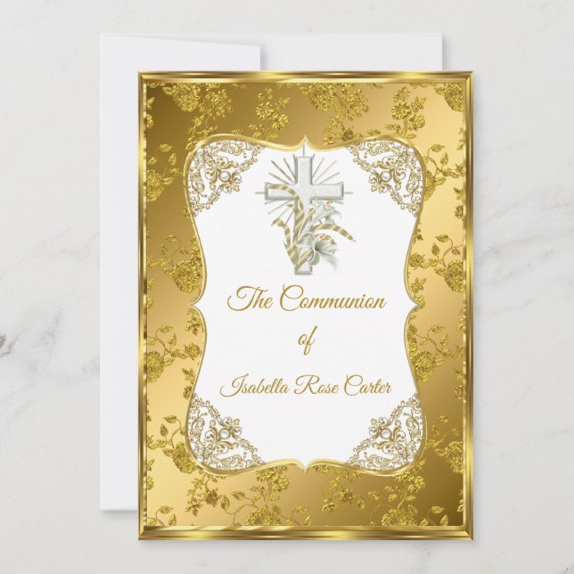 Pearl Gold White Cross Holy communion rose Damask Invitation (Front)