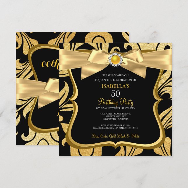 Pearl Gold Yellow Bow Black Damask Birthday Invite (Front/Back)