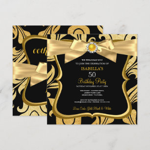 Pearl Gold Yellow Bow Black Damask Birthday Invite