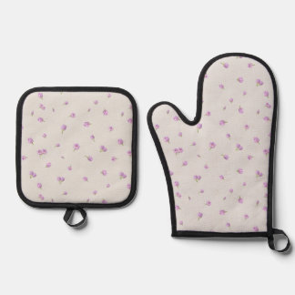 Pearl Gray Japanese Purple Tulip Floral Pattern Oven Mitt & Pot Holder Set