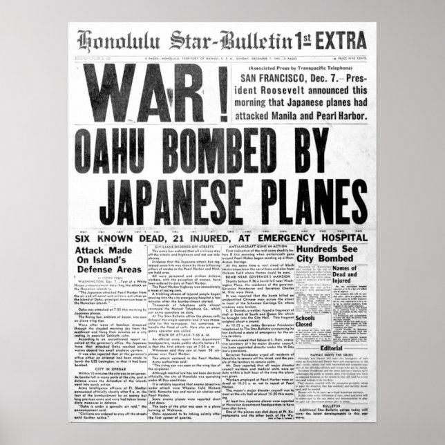 Pearl Harbor Attack Newspaper Poster (Front)