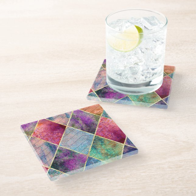 Pearl Harlequin Herringbone Trippy Hippie Rainbow Glass Coaster (Angled)