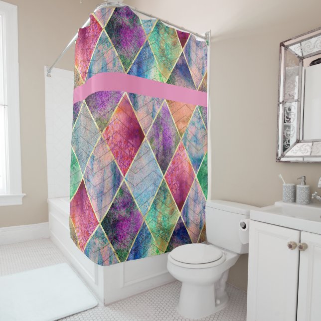 Pearl Harlequin Herringbone Trippy Hippie Rainbow Shower Curtain (In Situ)