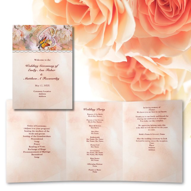 Pearl Heart Floral Orange Floral Butterfly Wedding Tri-Fold Programme (Pearl Heart Floral Orange Floral Butterfly Wedding Tri-Fold Program)