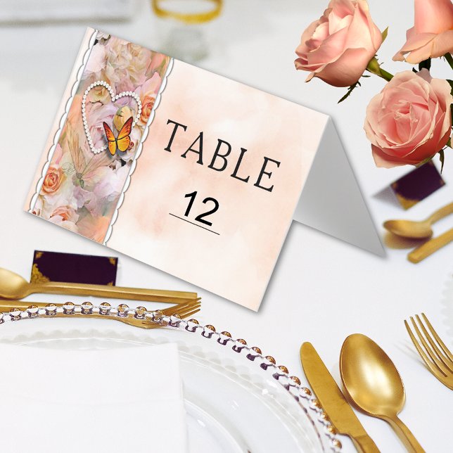 Pearl Heart Orange Floral Butterfly Table Numbers (Pearl Heart Orange Floral Butterfly Table Numbers for weddings, anniversary, party, celebration)