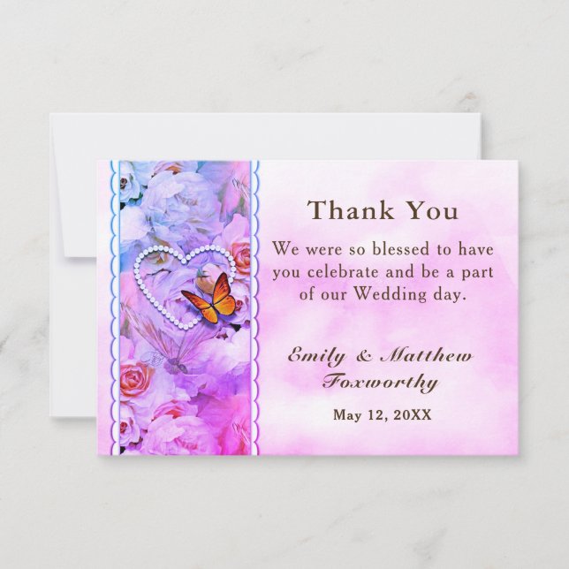 Pearl Heart Pink Roses Butterfly Wedding Thank You Card (Front)