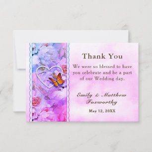 Pearl Heart Pink Roses Butterfly Wedding Thank You Card
