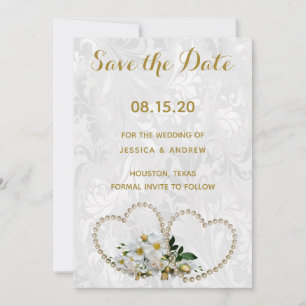 Pearl Hearts & Flower Damask Wedding Save The Date