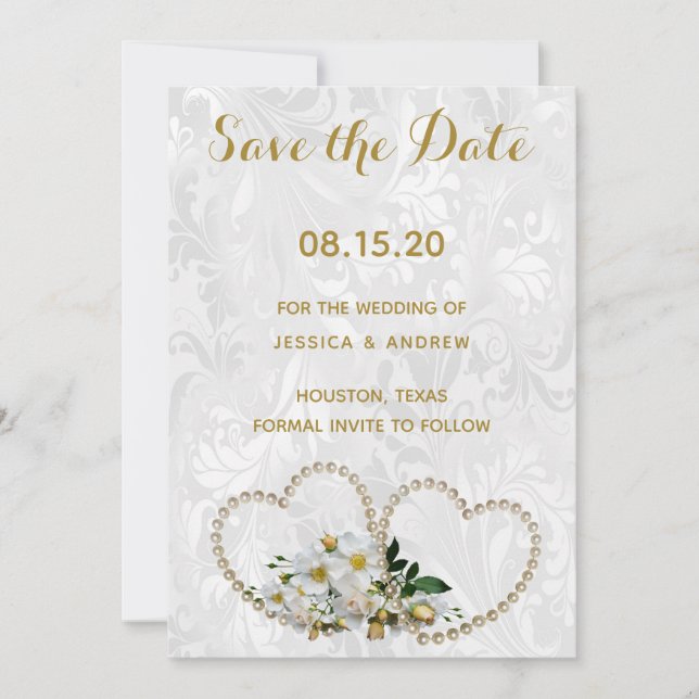 Pearl Hearts & Flower Damask Wedding Save The Date (Front)