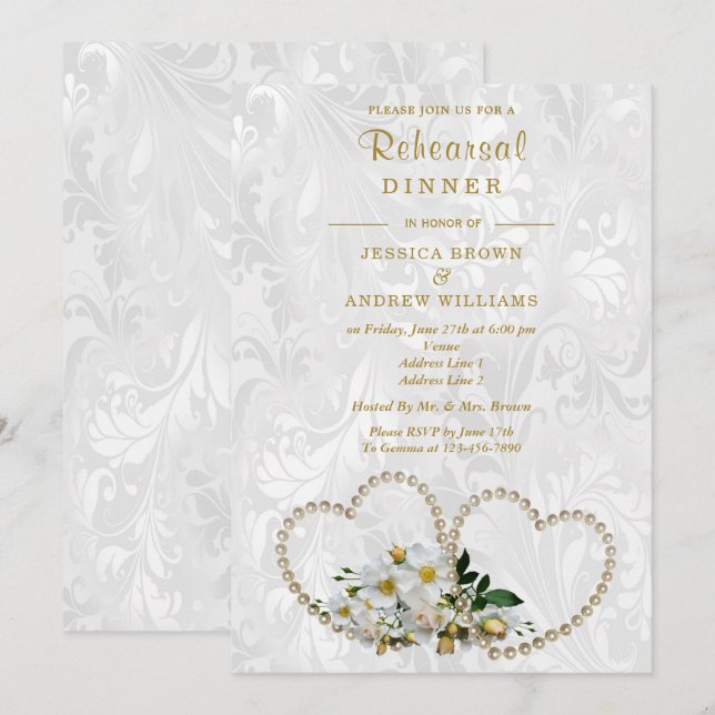 Pearl Hearts & Flowers Damask Rehearsal Dinner Invitation (Front/Back)