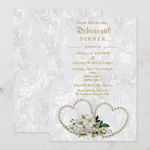 Pearl Hearts & Flowers Damask Rehearsal Dinner Invitation
