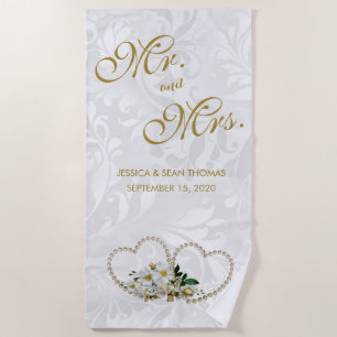 Pearl Hearts & Flowers Damask Wedding Beach Towel