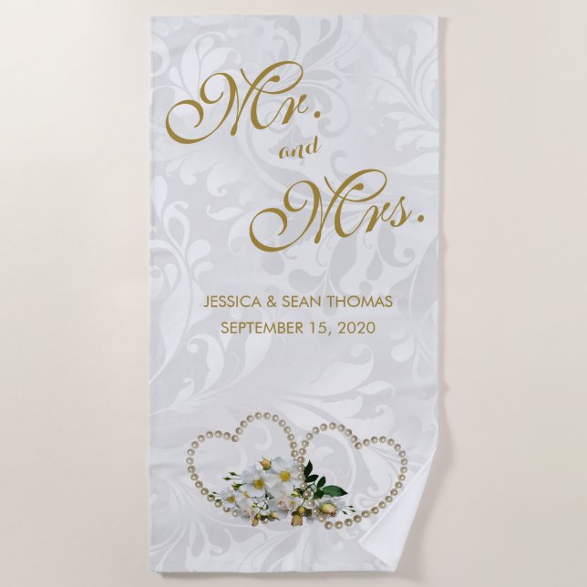 Pearl Hearts & Flowers Damask Wedding Beach Towel (Front)