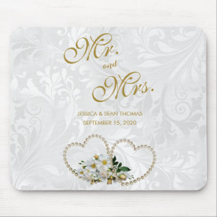 Pearl Hearts & Flowers Damask Wedding Day Memory Mouse Mat
