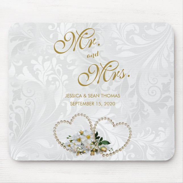 Pearl Hearts & Flowers Damask Wedding Day Memory Mouse Mat (Front)