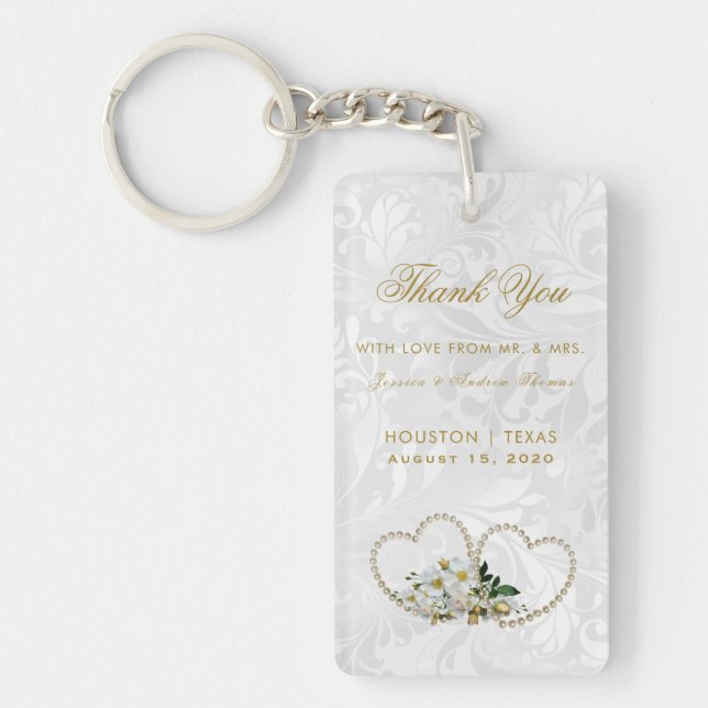 Pearl Hearts & Flowers Damask Wedding Favour Key Ring (Front)