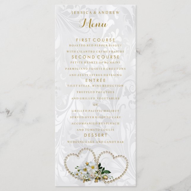 Pearl Hearts & Flowers Damask Wedding Menu (Front)