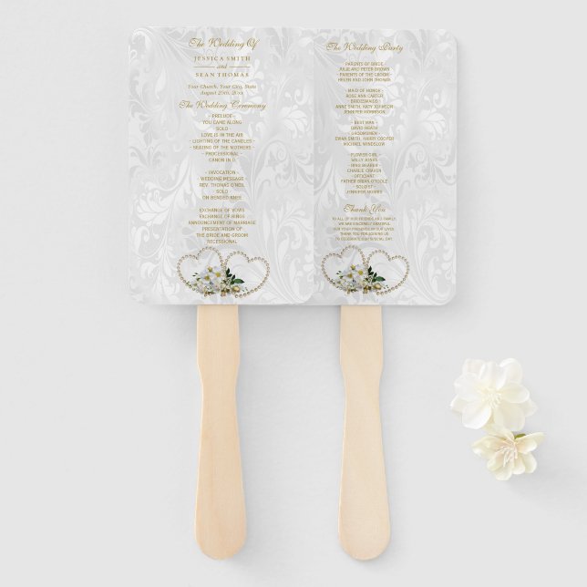 Pearl Hearts & Flowers Damask Wedding Program Hand Fan (Front and Back)