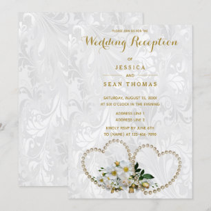 Pearl Hearts & Flowers Damask Wedding Reception Invitation