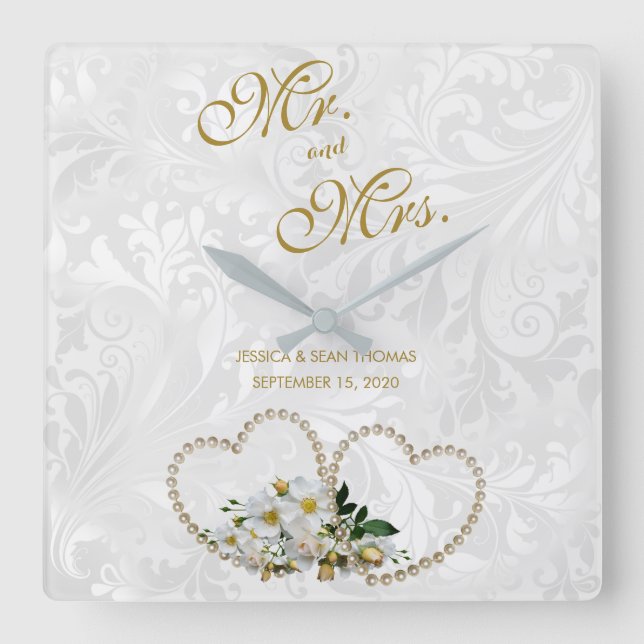 Pearl Hearts & Flowers Damask Wedding Square Wall Clock (Front)