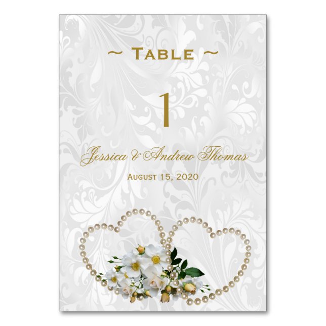 Pearl Hearts & Flowers Damask Wedding Table Number (Front)