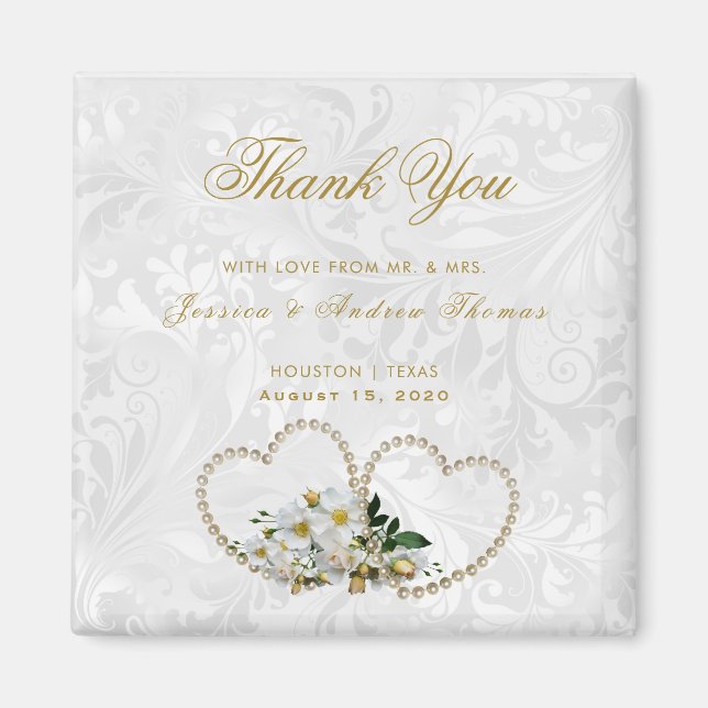 Pearl Hearts & Flowers Damask Wedding Thank You Magnet (Front)