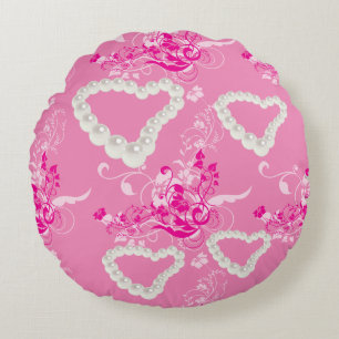 Pearl Hearts Pink Floral Swirl Round Throw Pillow