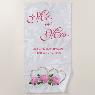 Pearl Hearts & Roses Damask Wedding Beach Towel