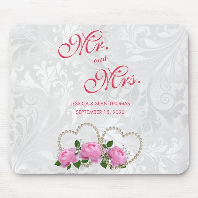Pearl Hearts & Roses Damask Wedding Day Memory Mouse Mat (Front)