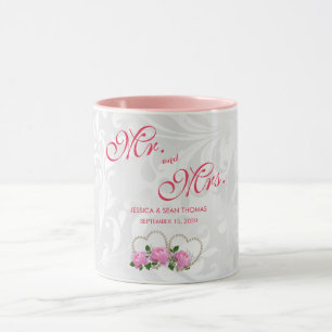 Pearl Hearts & Roses Damask Wedding Day Mug
