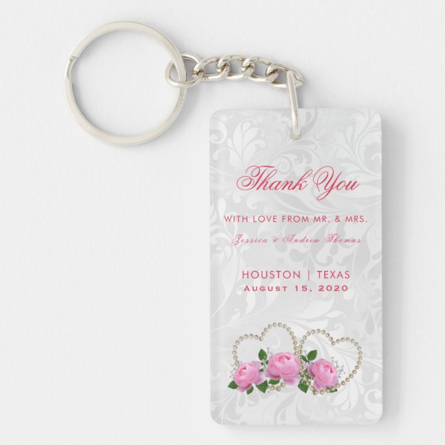 Pearl Hearts & Roses Damask Wedding Favour Key Ring (Front)