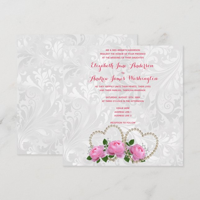 Pearl Hearts & Roses Damask Wedding Invitation (Front/Back)